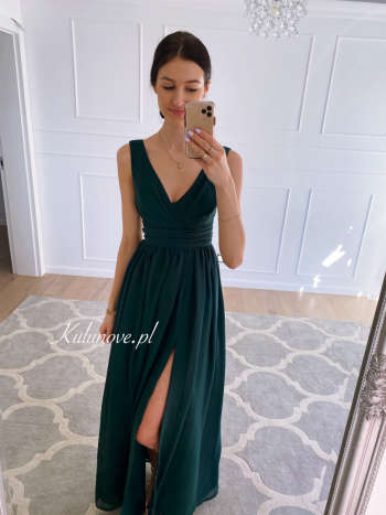 Molly - simple dress with strut in bottle green color