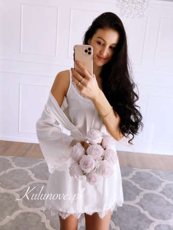 White satin nightgown for bride with lace trim