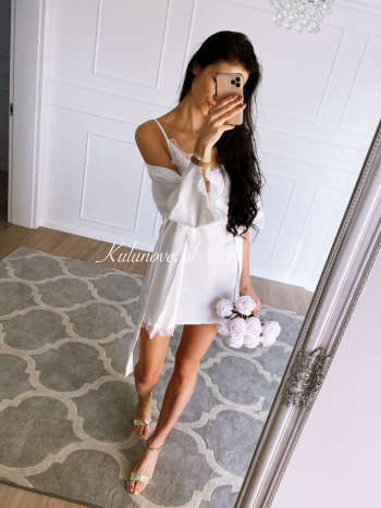 White satin nightgown for bride with lace trim