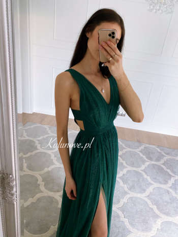 Paris - shiny long dress in bottle green color