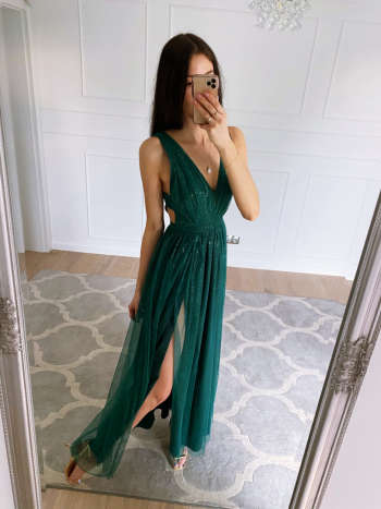 Paris - shiny long dress in bottle green color