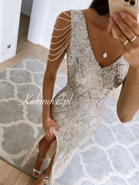 Diamond coral - long sequin dress with decorative chains