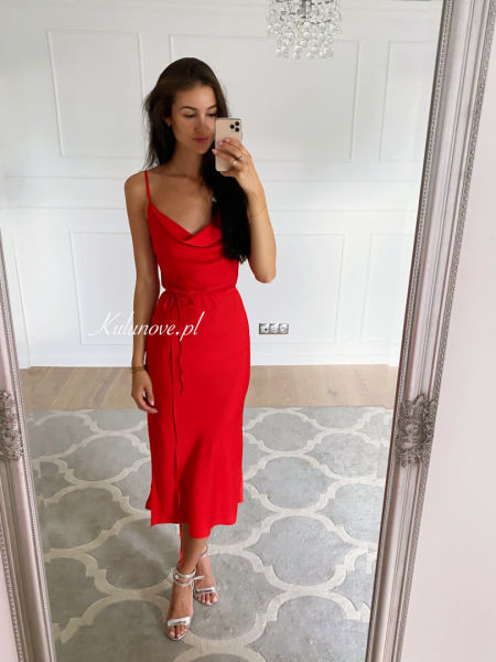 Barcelona - red satin midi dress with striking slit