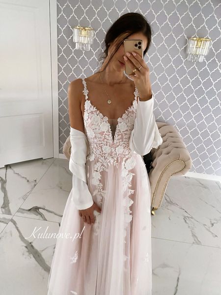 Rosalie A338 - wedding dress in soft pink with lace inserts