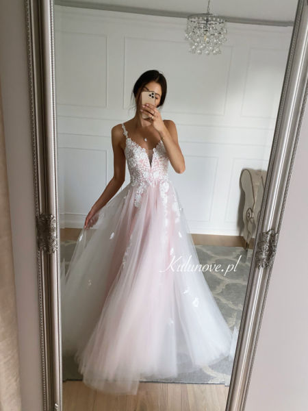 Rosalie - wedding dress in soft pink with lace inserts