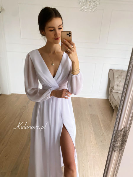 Alissa - chiffon gown with overlap neckline with flared sleeves