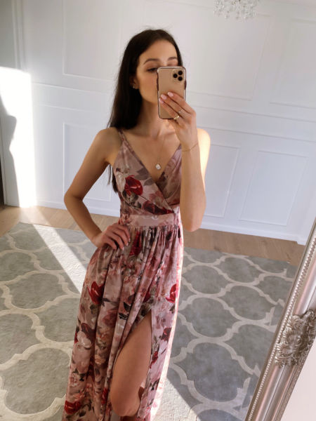 Flowers nude - long floral dress with overlap neckline