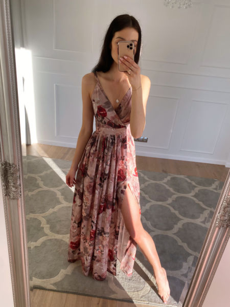 Flowers nude - long floral dress with overlap neckline