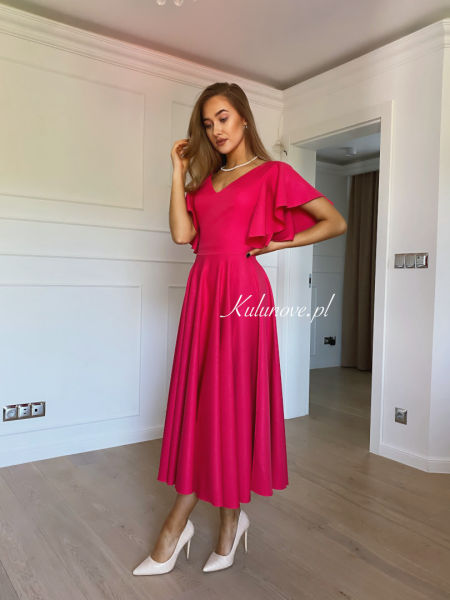 Isabella - elegant midi dress in fuchsia color with flared sleeves