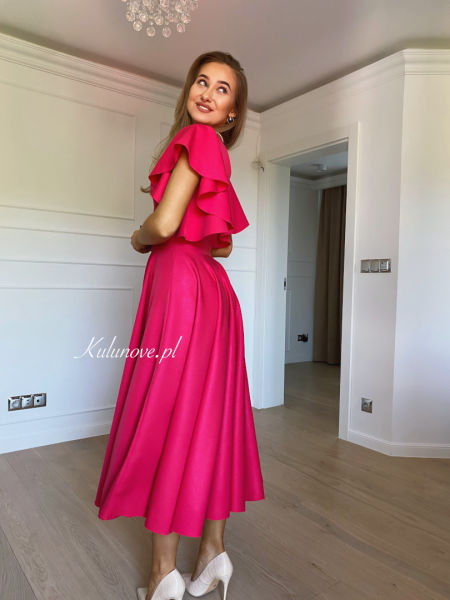 Isabella - elegant midi dress in fuchsia color with flared sleeves