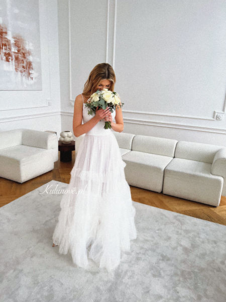 Stella- ecru tulle wedding dress with pleated bodice and ruffles