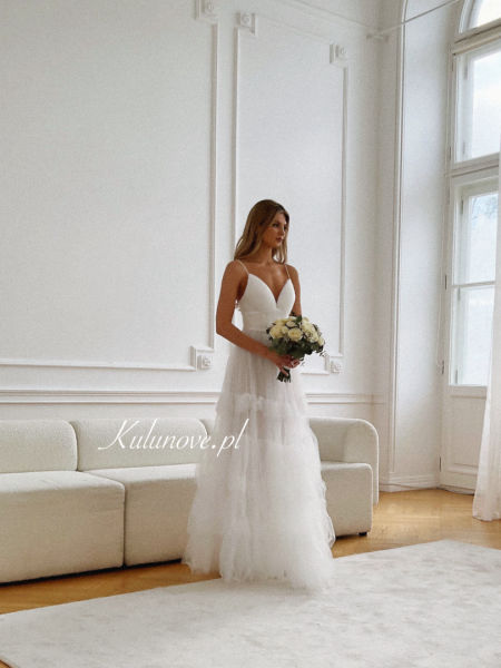 Stella- ecru tulle wedding dress with pleated bodice and ruffles