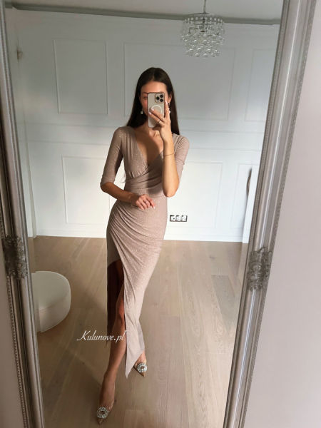 Daphne - long beige brocade dress with 3/4 sleeves