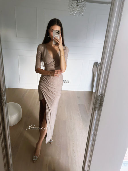 Daphne - long beige brocade dress with 3/4 sleeves