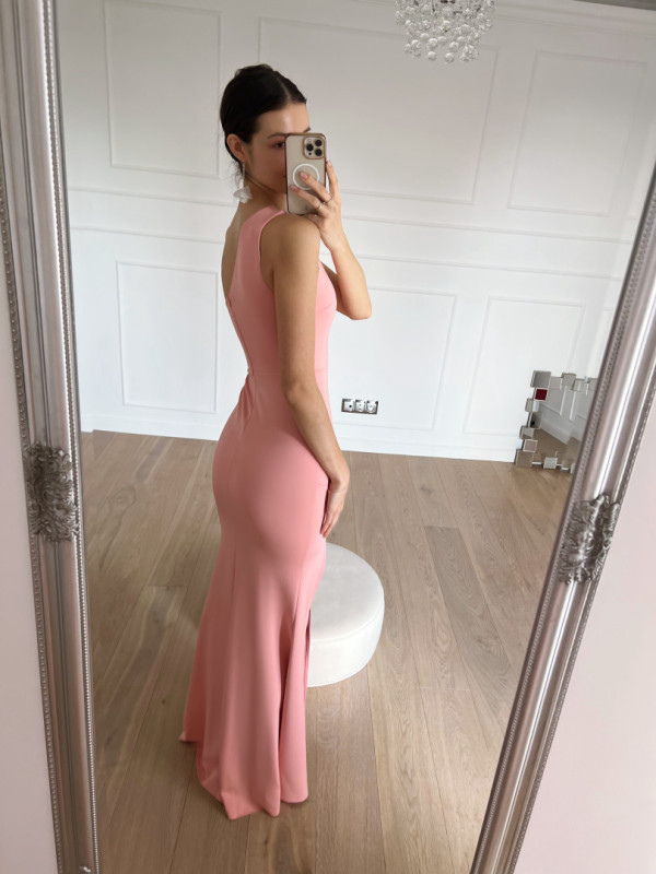 Peggie - coral colored one-shoulder maxi dress with decorative cutout on the bodice