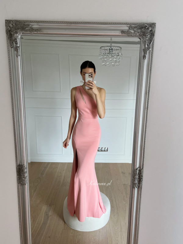 Peggie - coral colored one-shoulder maxi dress with decorative cutout on the bodice