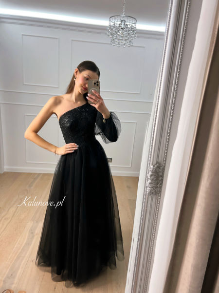 Tiana - black tulle princess style one shoulder maxi dress with lace top