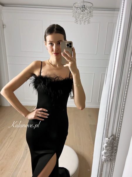 Odylia - black fishnet dress with a corset decorated with feathers