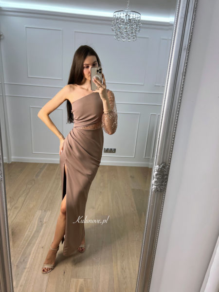 Leticia - simple fitted one-shoulder dress with decorative sleeves in dark beige color