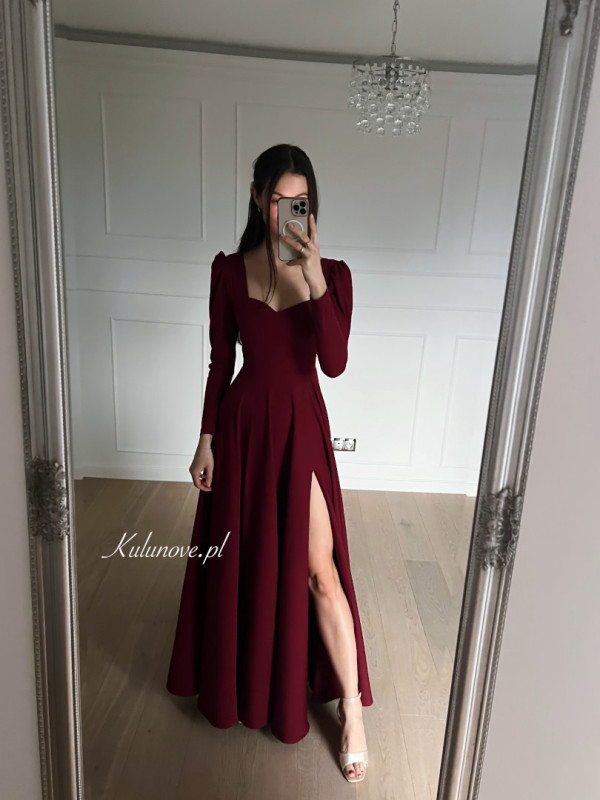 Julia - maroon retro style long sleeve dress with buffets