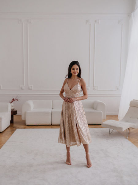 Como - sequinned blush midi dress with thin straps