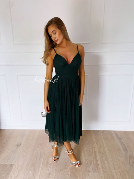 Cindrella green - tulle midi dress with deep neckline in bottle green