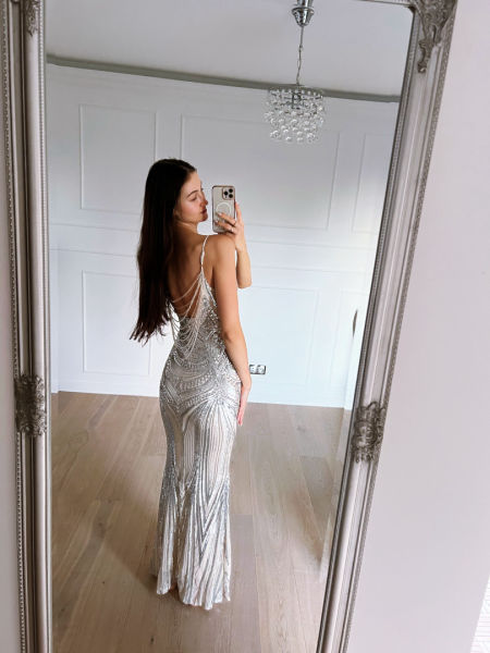 Claudia - silver sequin mermaid shaped dress with beige underlay