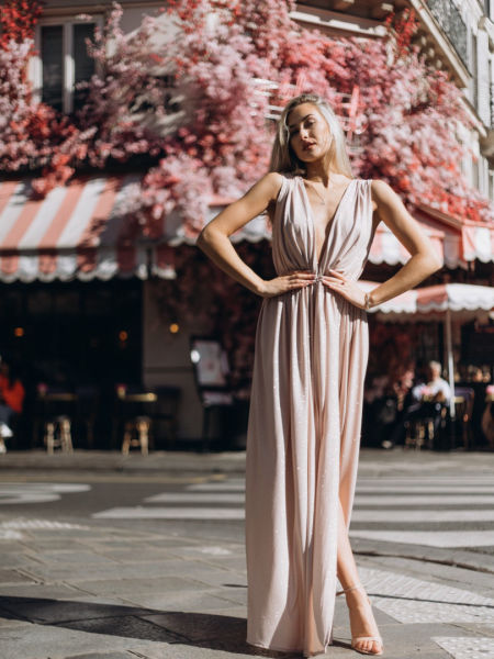 Magnolia - simple maxi dress with brocade in beige pink