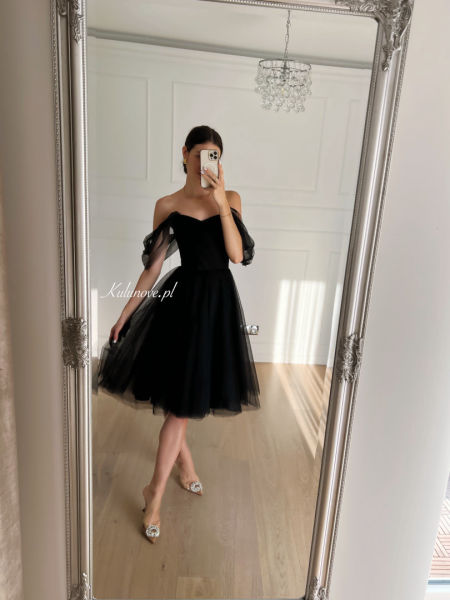 Selena - black tulle midi dress with plunging sleeves