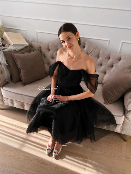 Selena - black tulle midi dress with plunging sleeves