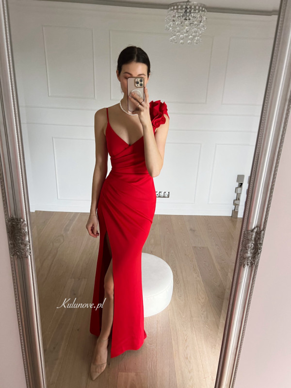 Harper - red Spanish style maxi dress with back neckline and decorative flower on shoulder