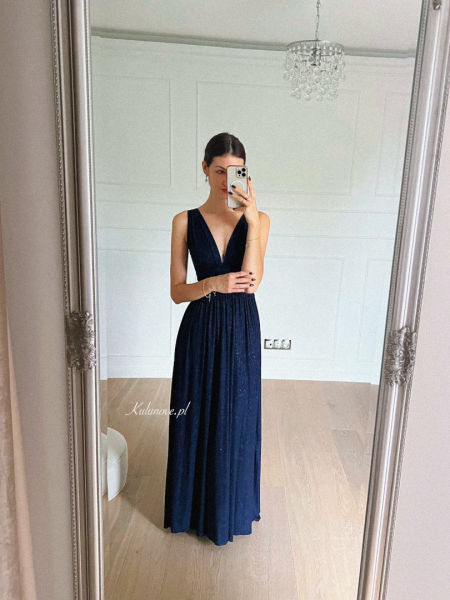 Penelope - navy blue evening long dress with brocade and deep neckline