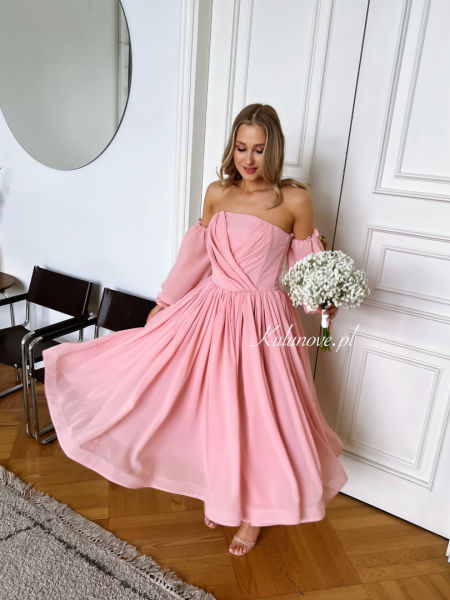 Rapunzel - flared midi dress with buff sleeves in powder pink