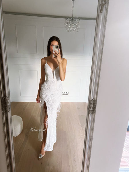 Anella - sequin feather maxi dress in white