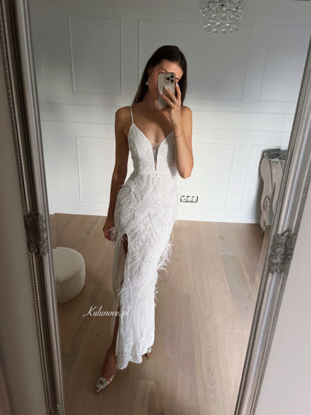 Anella - sequin feather maxi dress in white