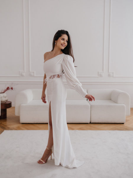 Rachel - long white one-shoulder dress with feathers