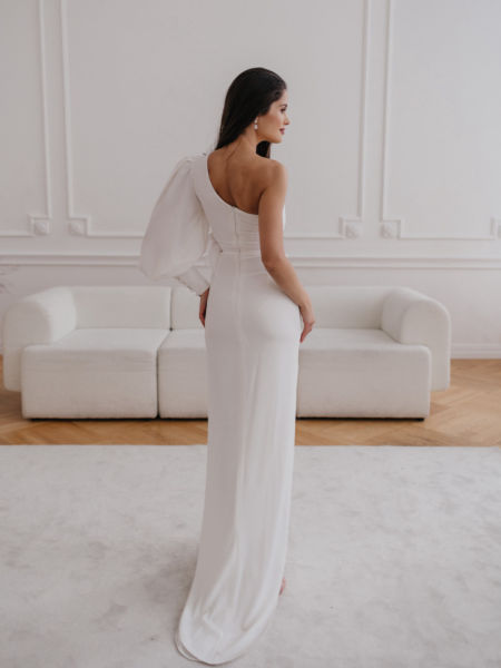 Rachel - long white one-shoulder dress with feathers