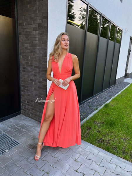 Nemesis - holiday orange maxi dress tied in multiple ways