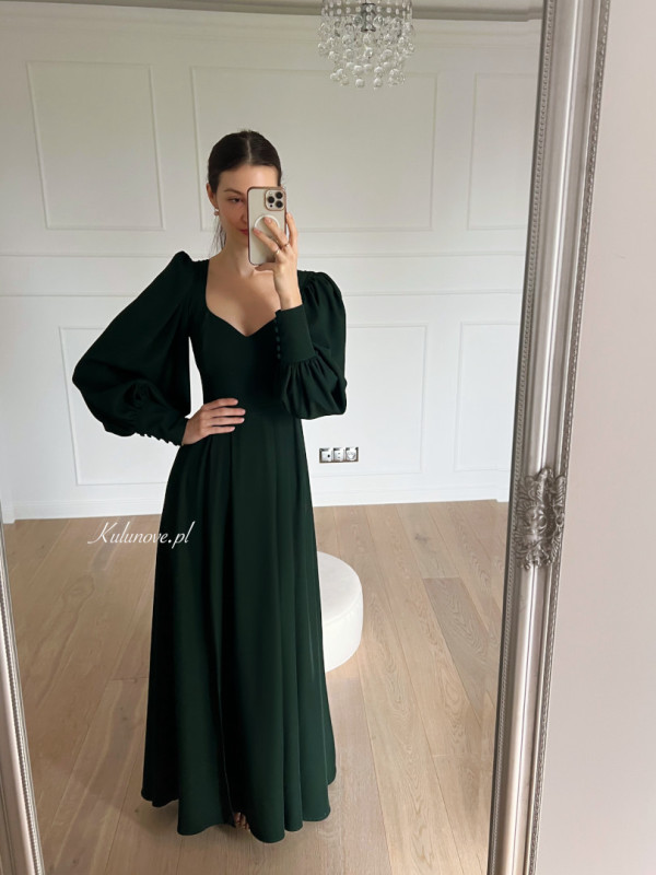 Taylor - flared maxi dress with buff sleeves and pockets in bottle green color