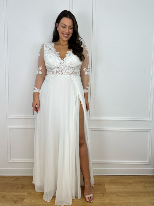 Kelly - long sleeve muslin wedding dress with holographic top with V neckline