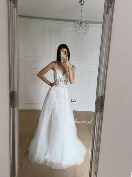 Elena - corset princess wedding dress with lace and tulle spread skirt