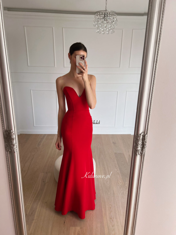 Hailey - corseted fishnet cut maxi dress with deep neckline in red