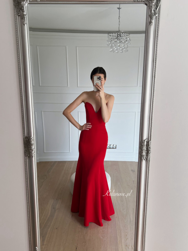 Hailey - corseted fishnet cut maxi dress with deep neckline in red