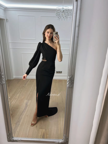 Rachel - black one shoulder maxi dress with feathers at the waist perfect for proms