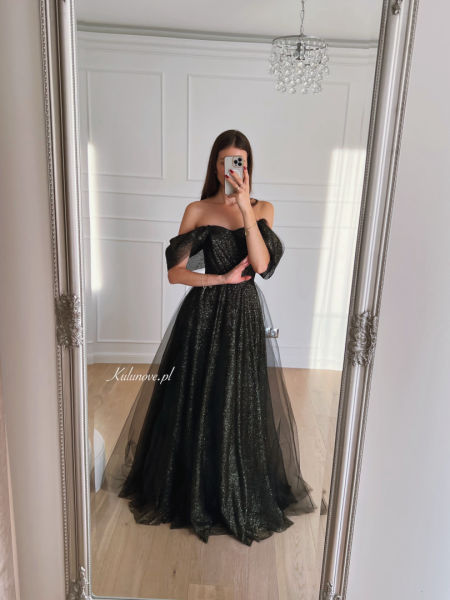 Selena PREMIUM - black tulle princess style ball gown with glitter and drop sleeves