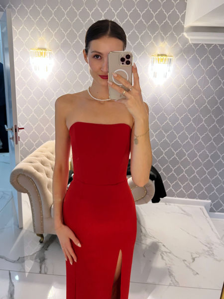 Emily - long elegant red dress with strapless corset