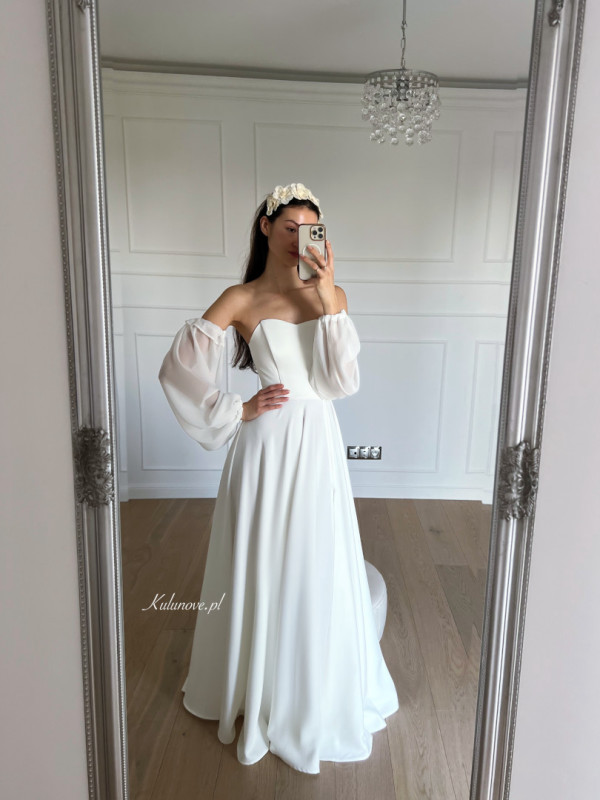 Florence - smooth ecru corset wedding dress with chiffon sleeves with frill trim