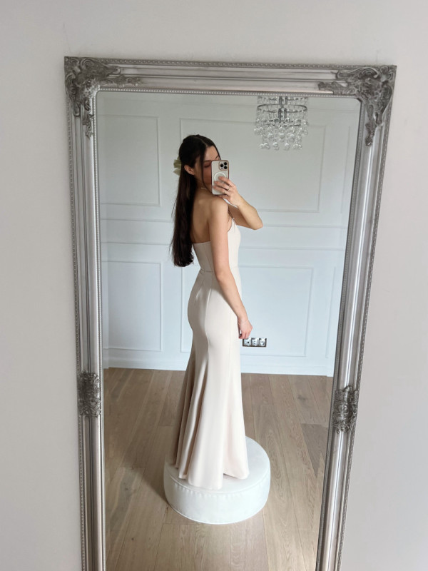 Monalisa - elegant corset fishnet dress in light beige color