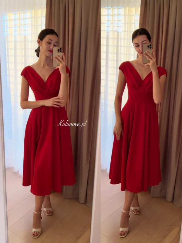 Jolie - red midi dress that subtly covers the shoulders