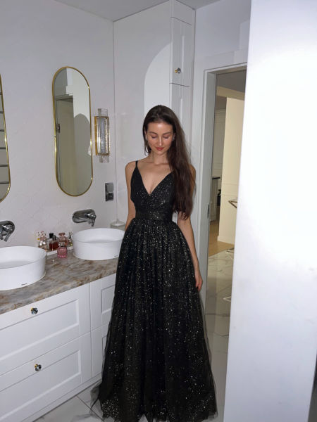 Ana - long black tulle princess dress covered with glitter